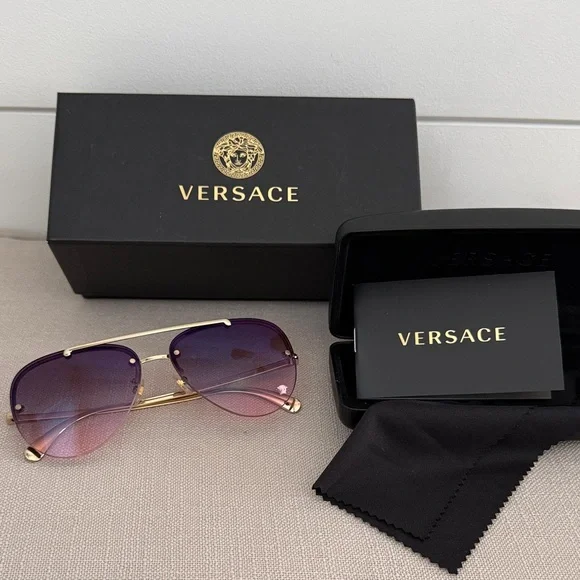 NWT - Versace Gold Frame Aviator Sunglasses with Purple-Rose Gradient Lenses - Picture 1 of 7
